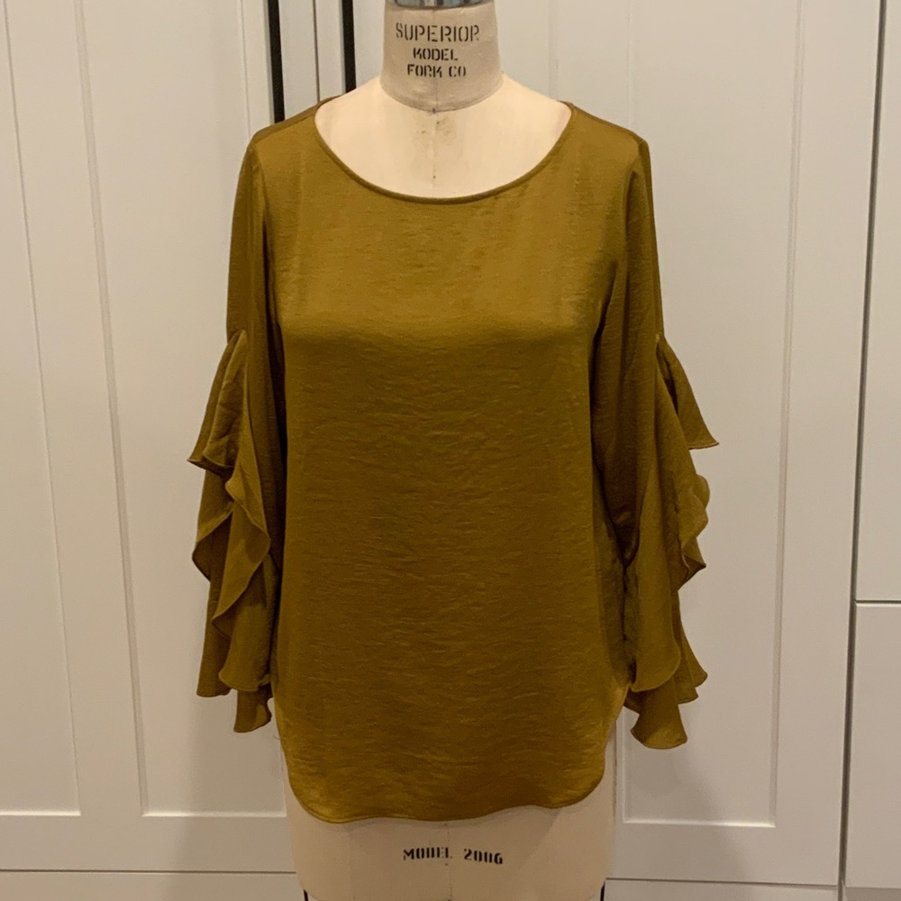 NWT Ann Taylor Mustard Gold Ruffle Sleeve Blouse